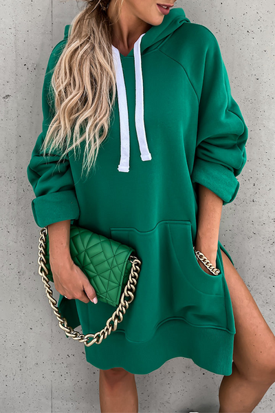 Frederika® | Casual solid tops with drawstring and pockets and hooded collar