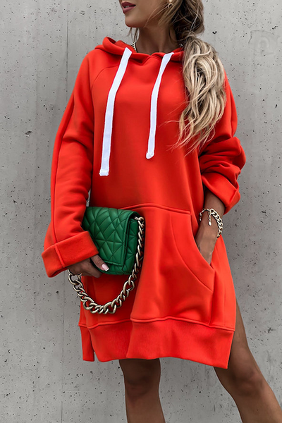 Frederika® | Casual solid tops with drawstring and pockets and hooded collar
