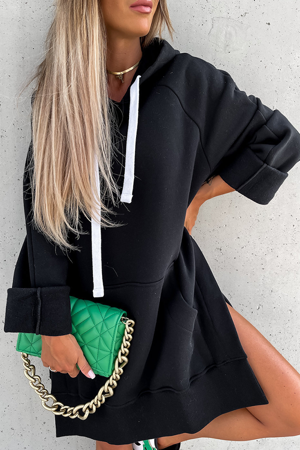 Frederika® | Casual solid tops with drawstring and pockets and hooded collar