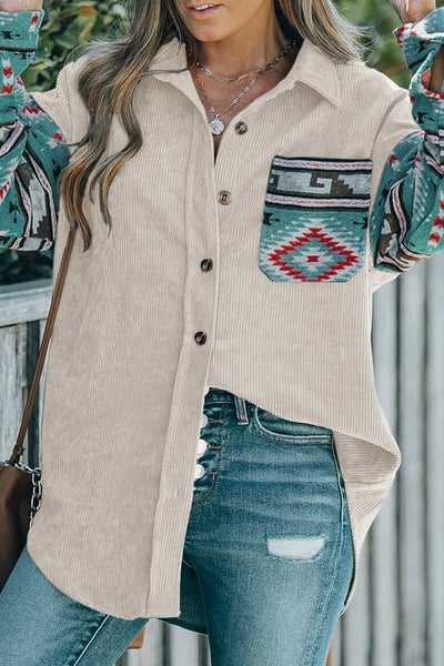 Fernanda® | Casual blouses with geometric print and pocket patchwork and contrast turn-down collar