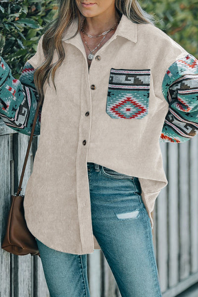 Fernanda® | Casual blouses with geometric print and pocket patchwork and contrast turn-down collar