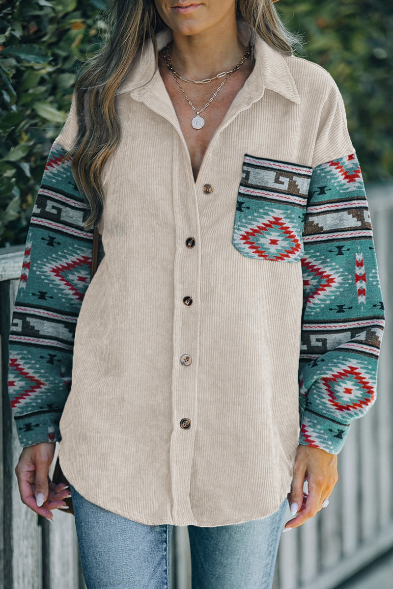 Fernanda® | Casual blouses with geometric print and pocket patchwork and contrast turn-down collar