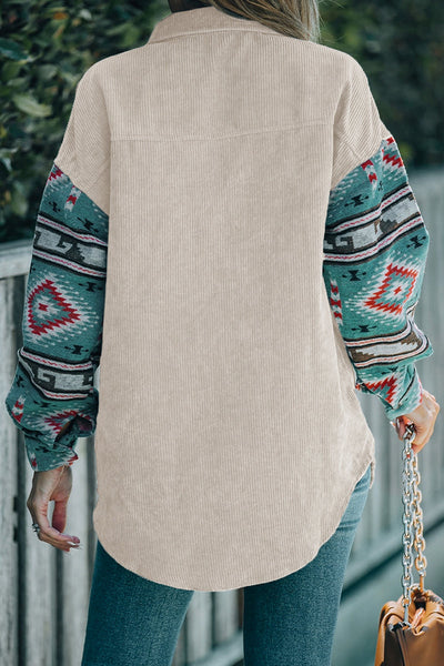 Fernanda® | Casual blouses with geometric print and pocket patchwork and contrast turn-down collar