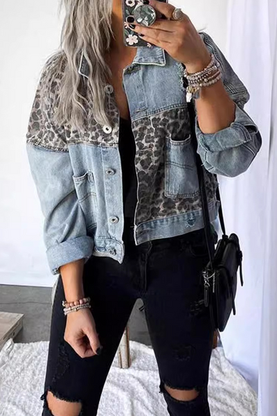 Fien® | Casual leopard print button up outerwear in patchwork contrast turn down collar