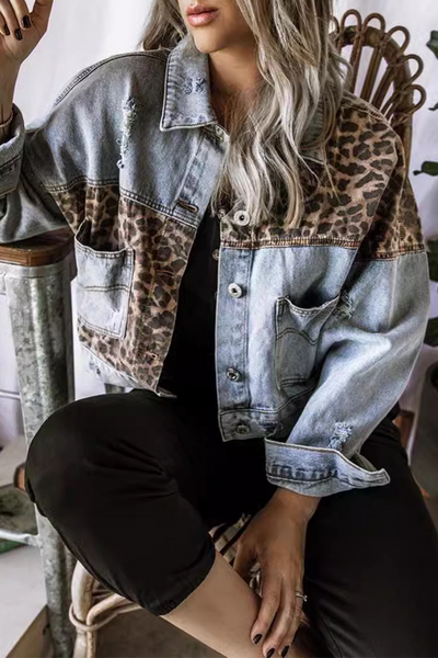 Fien® | Casual leopard print button up outerwear in patchwork contrast turn down collar