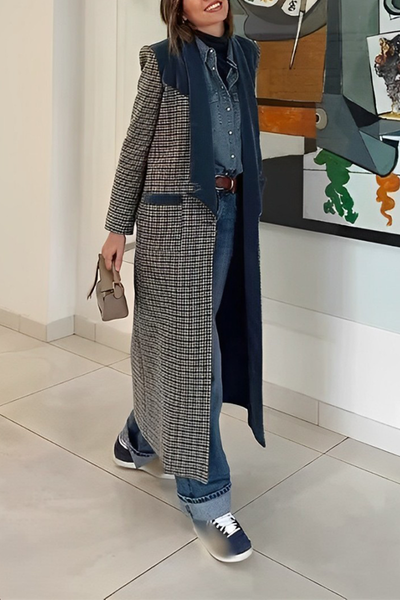 Frieda® | Casual outerwear with street plaid patchwork contrast turn-down collar