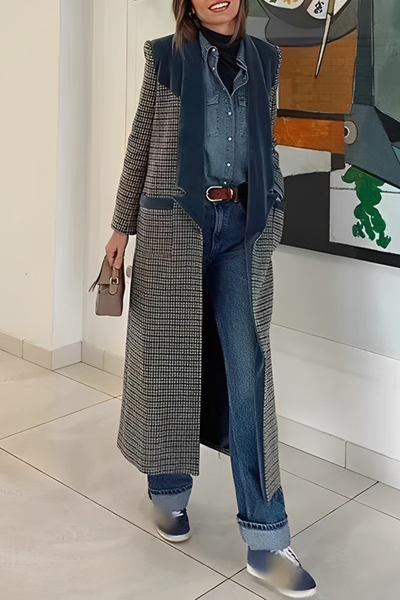 Frieda® | Casual outerwear with street plaid patchwork contrast turn-down collar