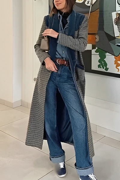 Frieda® | Casual outerwear with street plaid patchwork contrast turn-down collar