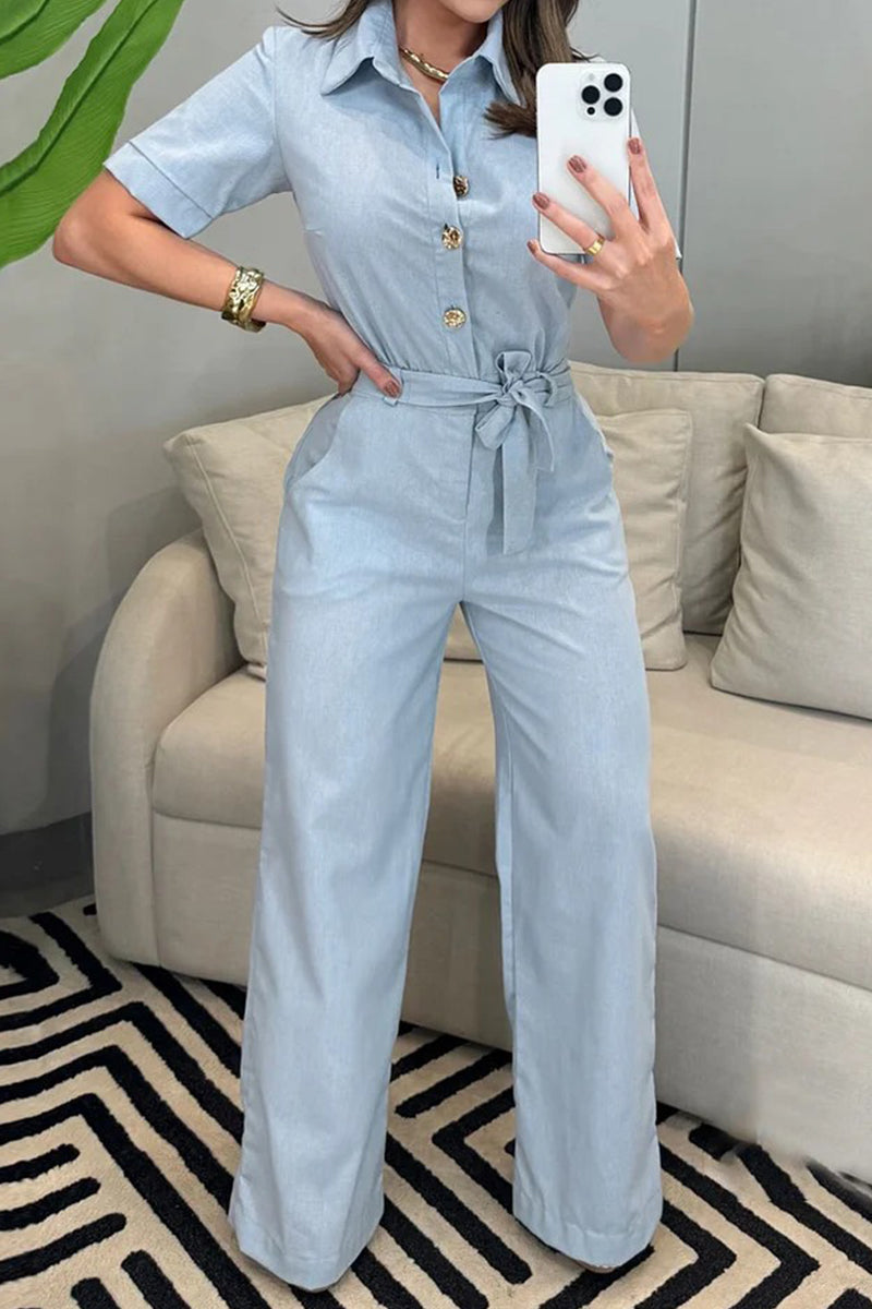 Guillermina® | Casual, daily, loose jumpsuits with pockets and lace-up buttons and turn-down collar