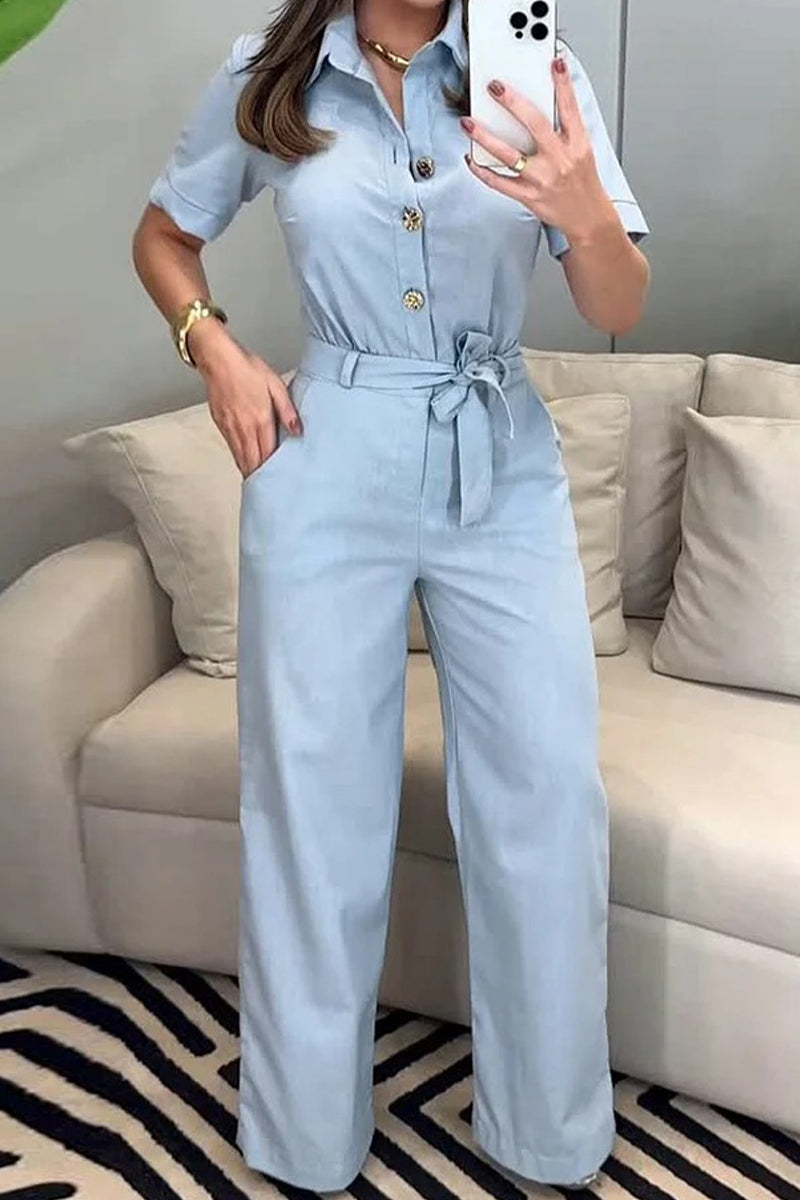Guillermina® | Casual, daily, loose jumpsuits with pockets and lace-up buttons and turn-down collar