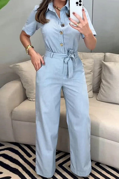 Guillermina® | Casual, daily, loose jumpsuits with pockets and lace-up buttons and turn-down collar