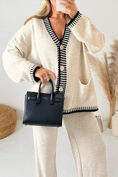Jade® | Casual Patchwork Button Up V Neck Long Sleeve Two Piece Set
