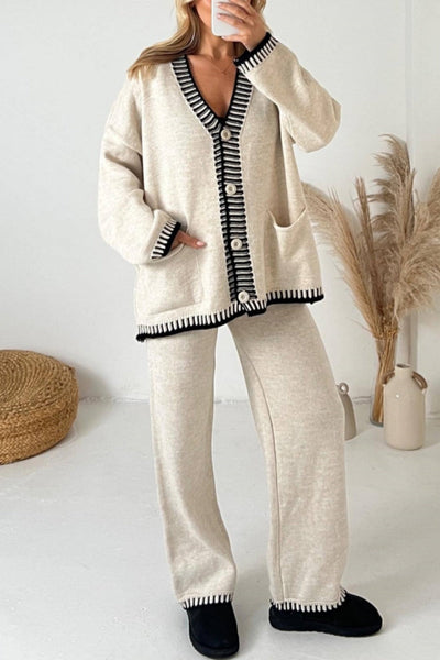 Jade® | Casual Patchwork Button Up V Neck Long Sleeve Two Piece Set