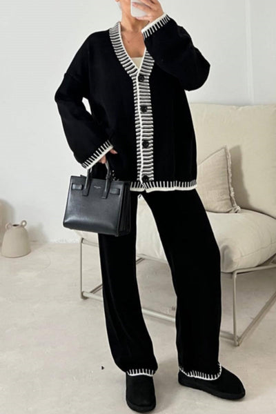 Jade® | Casual Patchwork Button Up V Neck Long Sleeve Two Piece Set