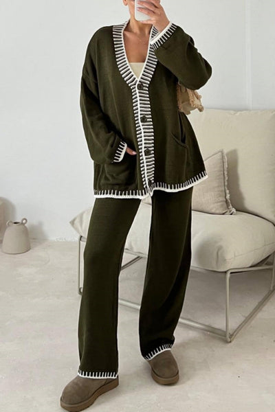 Jade® | Casual Patchwork Button Up V Neck Long Sleeve Two Piece Set