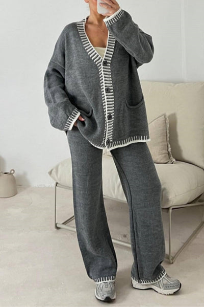 Jade® | Casual Patchwork Button Up V Neck Long Sleeve Two Piece Set