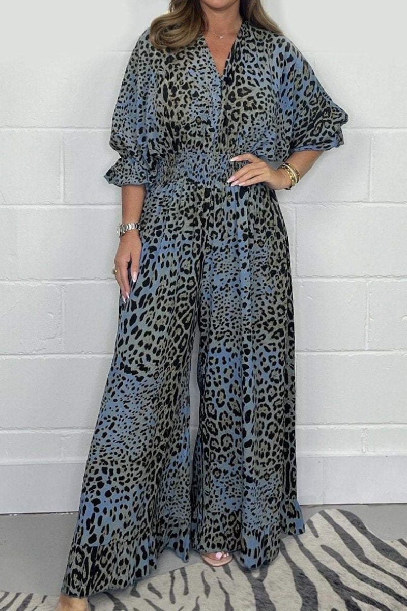 Lena® | Casual loose jumpsuits with leopard contrast and V-neck