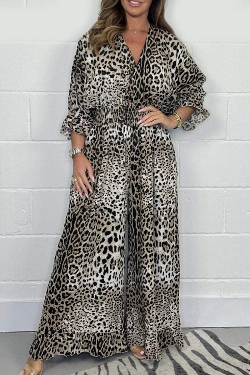 Lena® | Casual loose jumpsuits with leopard contrast and V-neck