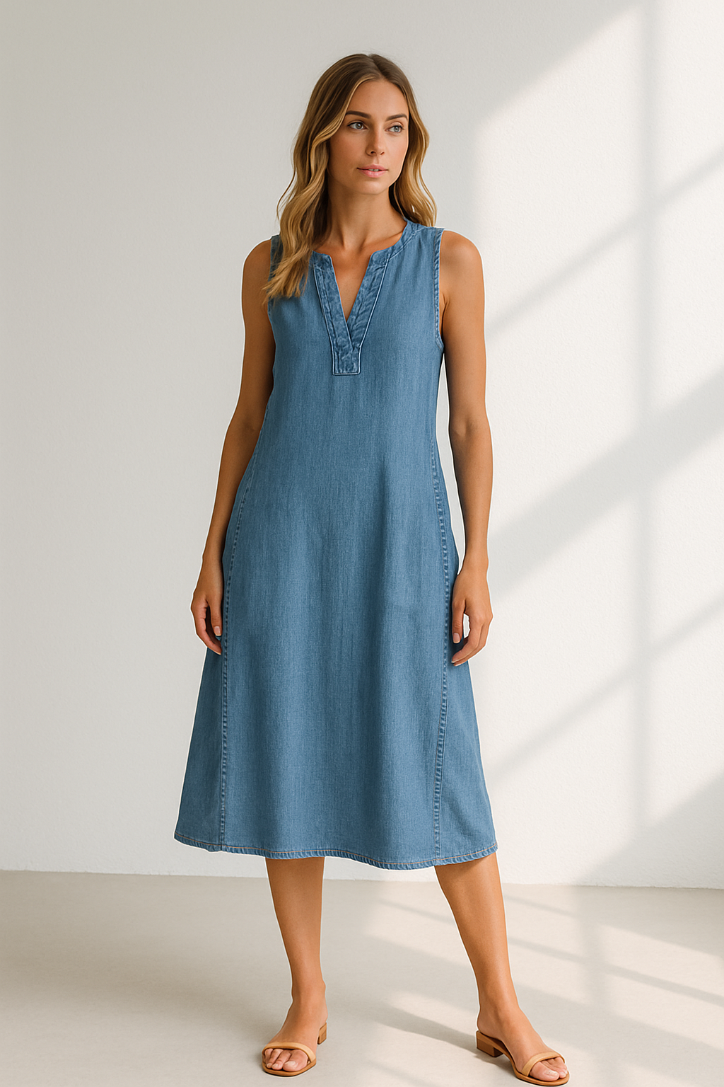 Joanne | Sleeveless Denim Dress with V-Neck & A-Line Fit